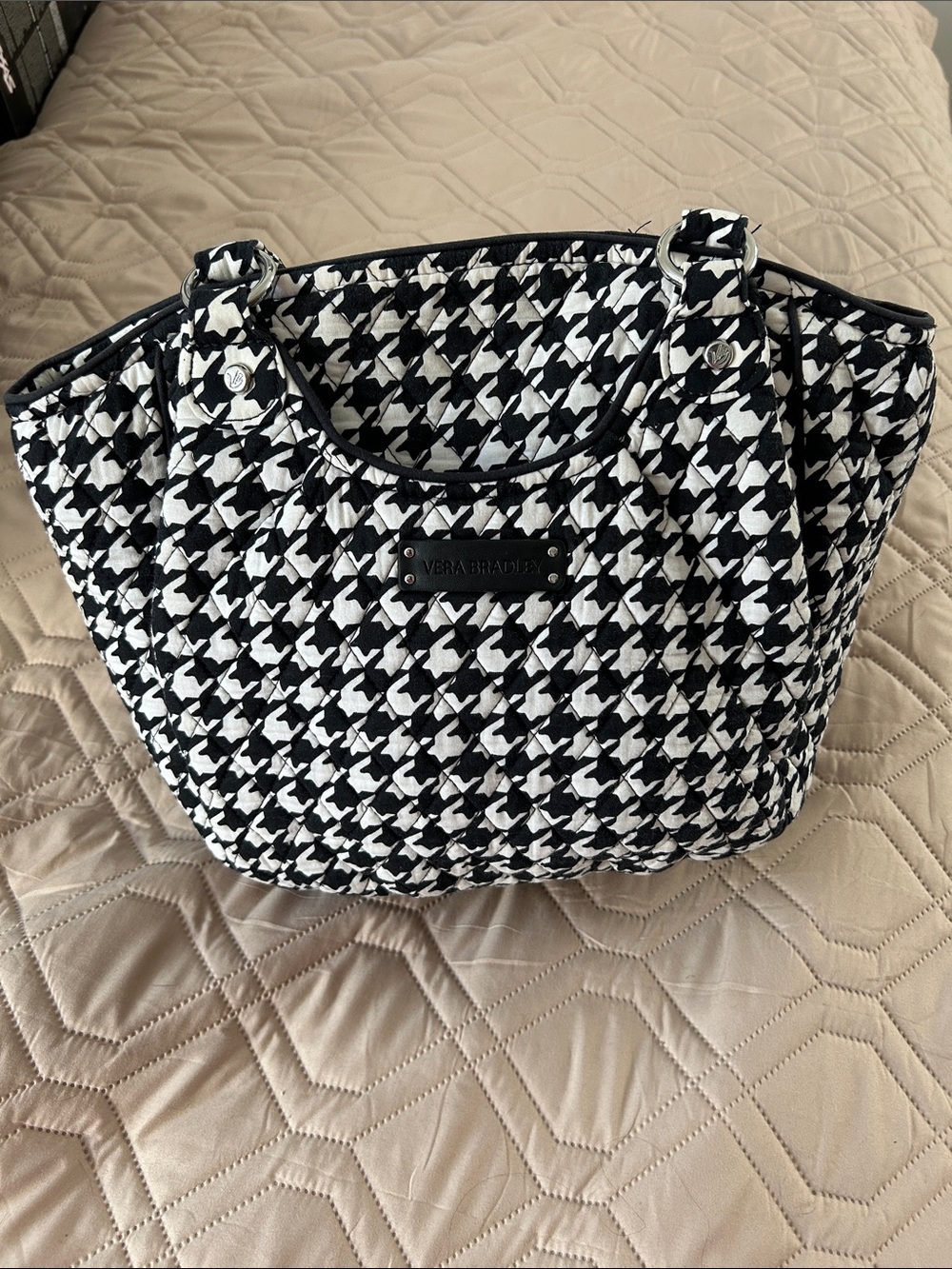 Vera Bradley Black & White Houndstooth Quilted Tote Bag | Like New